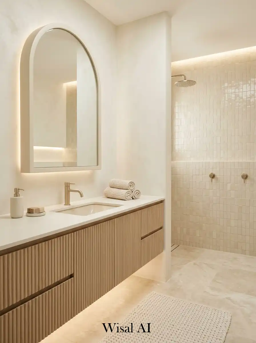 Monochrome cream bathroom with layered neutral tones and soft textured finishes.