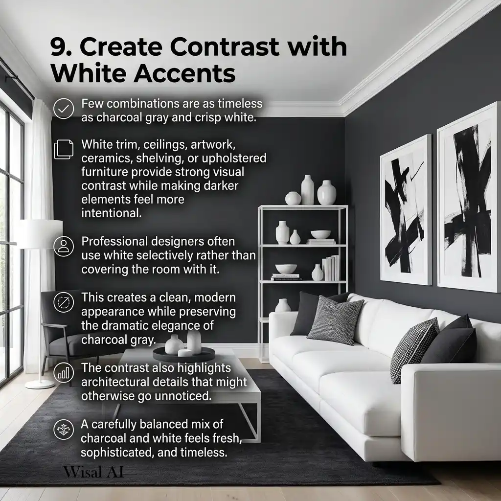 Modern living room with charcoal gray walls and crisp white décor.