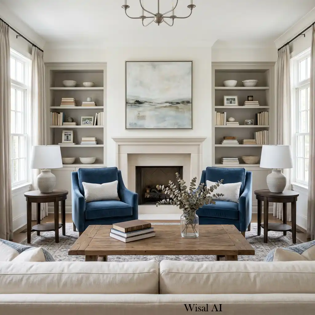 Symmetrical living room with matching armchairs, side tables, and table lamps.