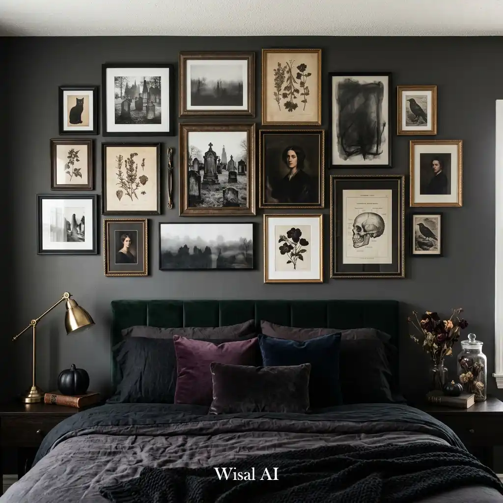 Dark moody bedroom featuring a curated Halloween gallery wall.