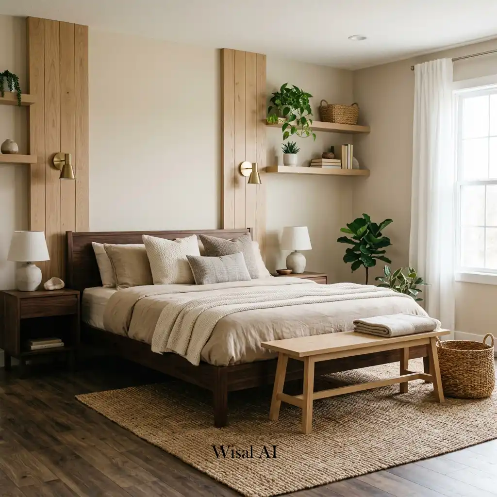 Dark walnut bedroom combined with white oak furniture for natural contrast.