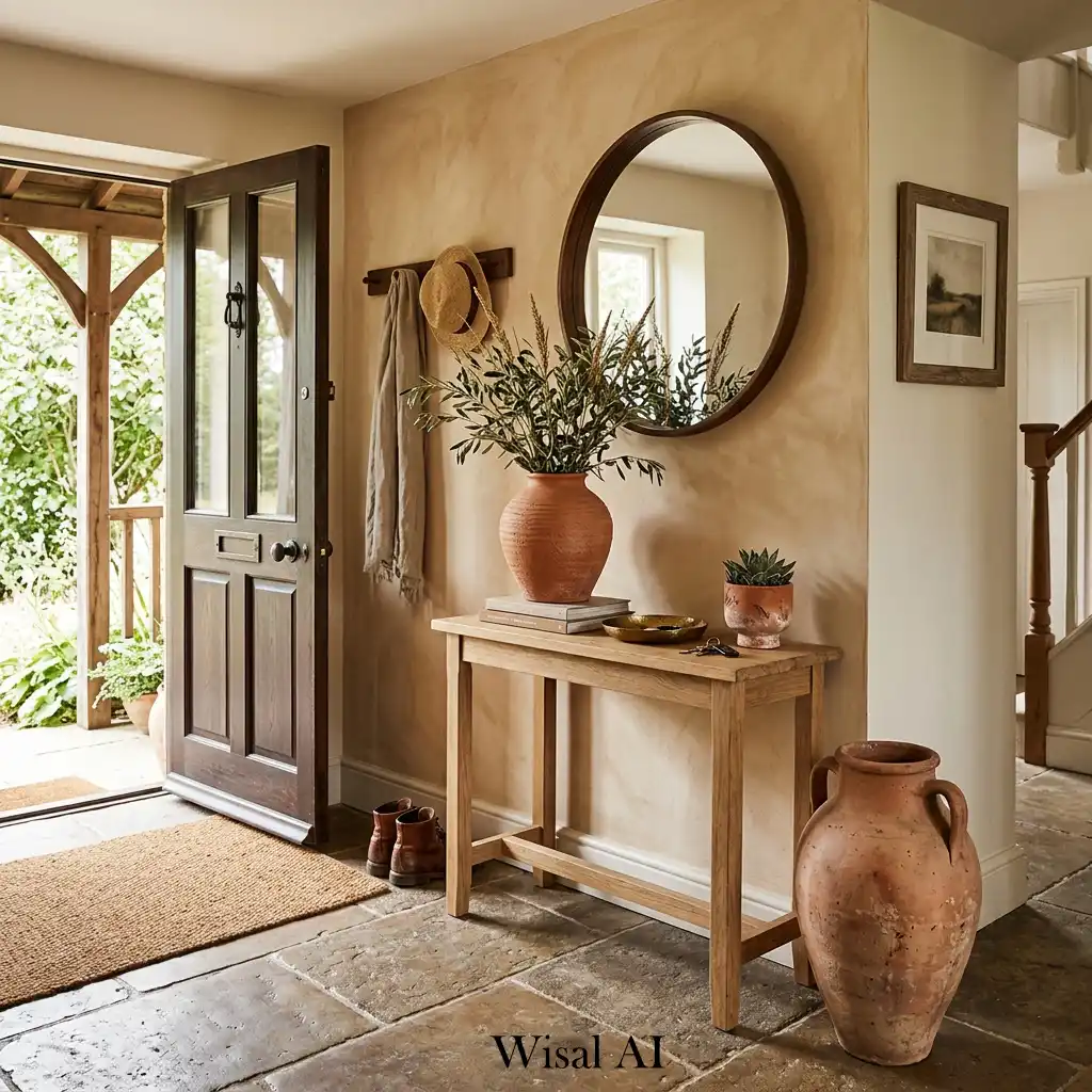 Warm terracotta entryway with minimal elegant decor accents