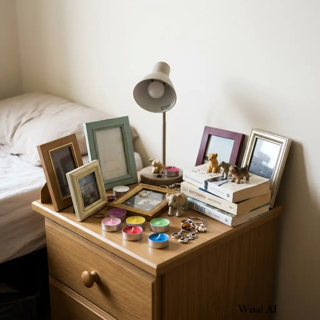 Modern bedroom decorated with oversized artwork and minimal elegant accessories throughout.