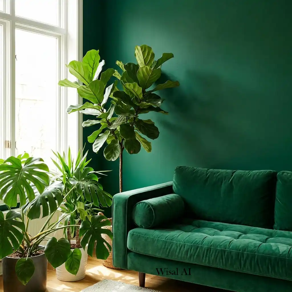 Modern living room with large indoor plants and emerald green accents.