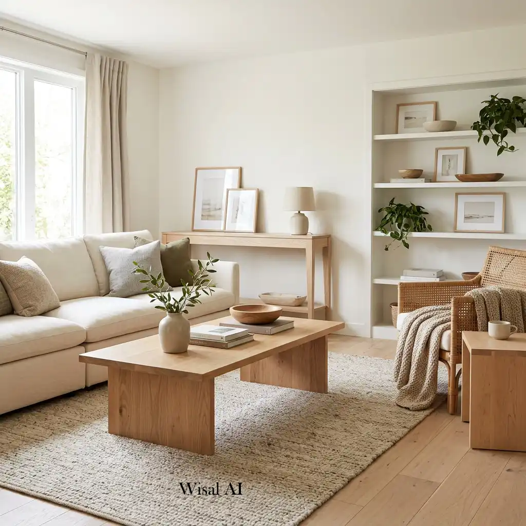 Warm living room featuring natural oak furniture adding brightness and timeless character.
