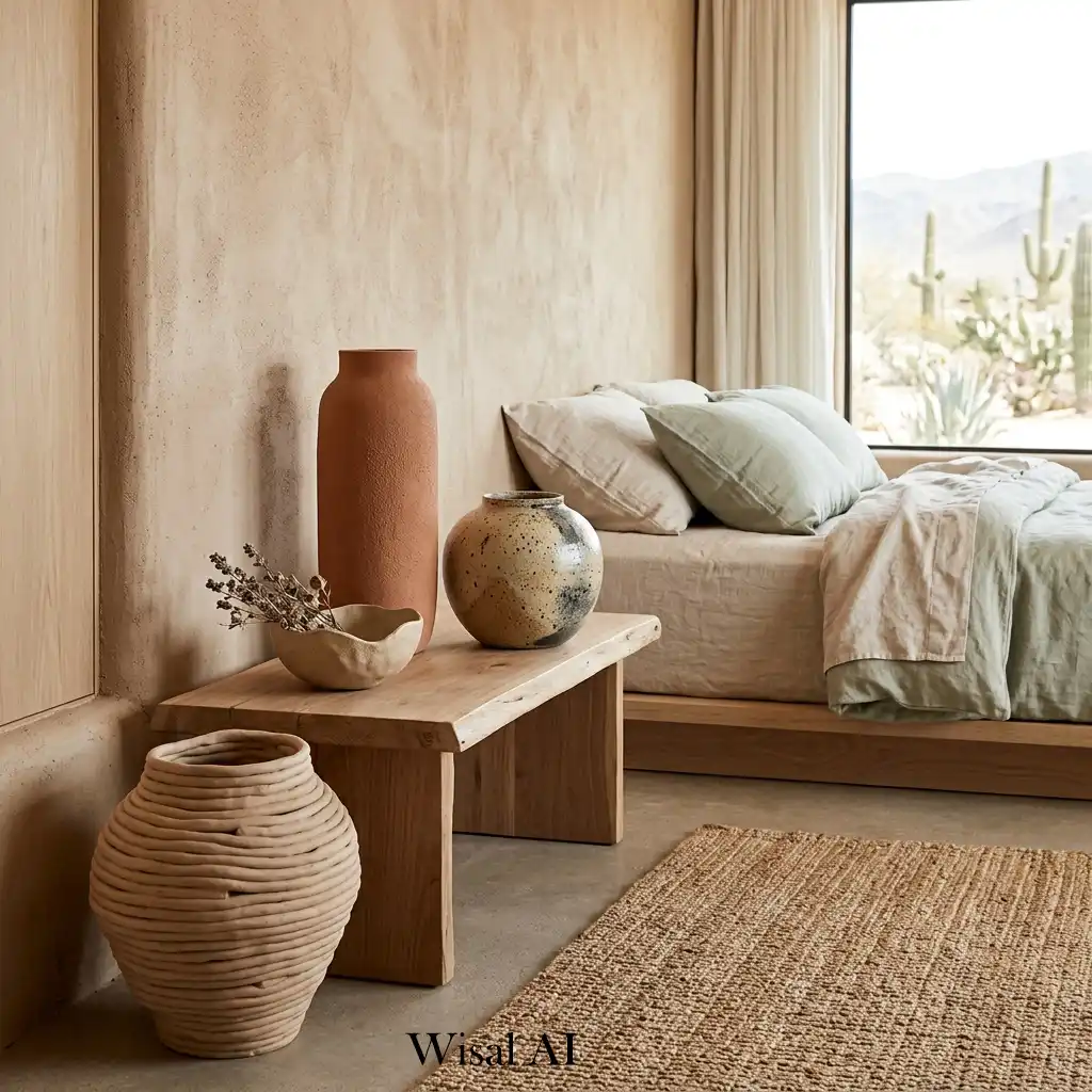 Handcrafted clay ceramics in desert modern bedroom