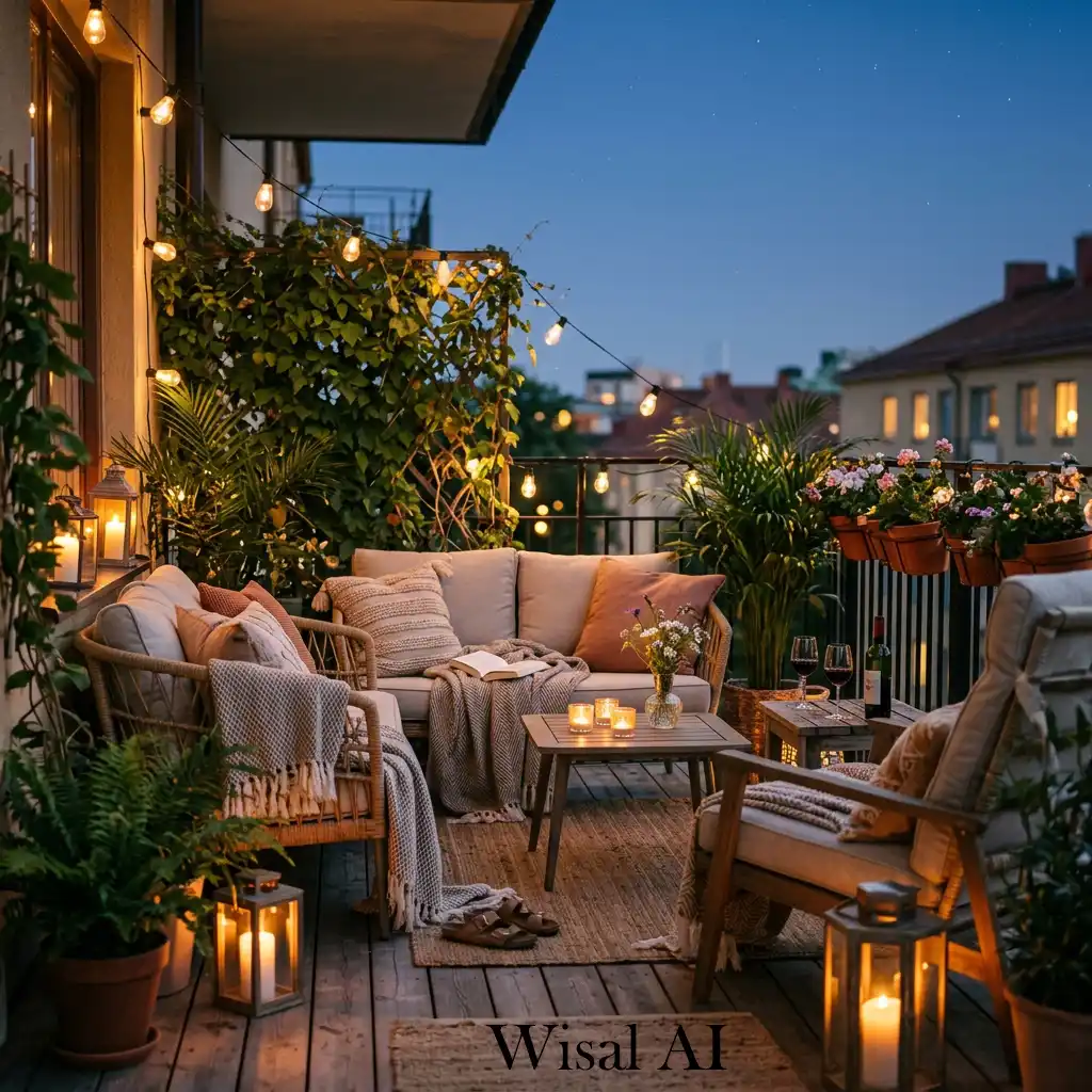 Romantic balcony with lanterns, string lights, and cozy atmosphere