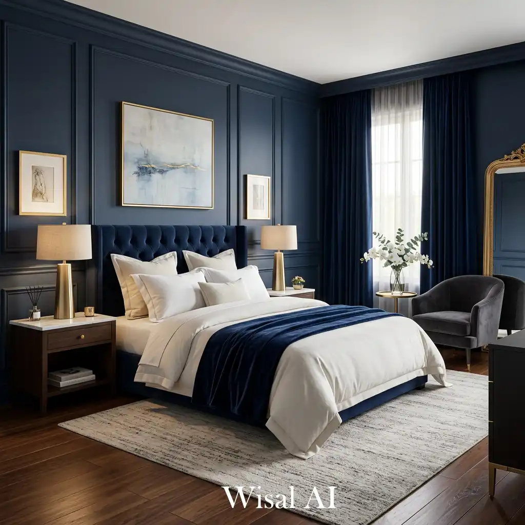 Dark blue bedroom with luxury hotel-style interior design