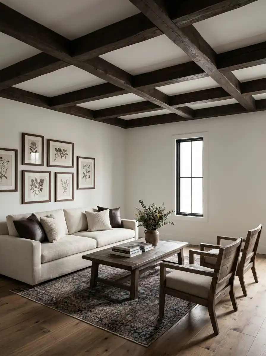 9. Exposed Beam Gallery: A Farmhouse Living Room Masterpiece