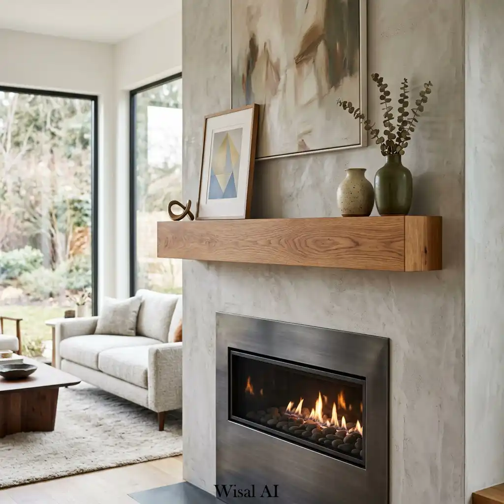 Contemporary fireplace featuring a floating wood mantel and minimalist styling