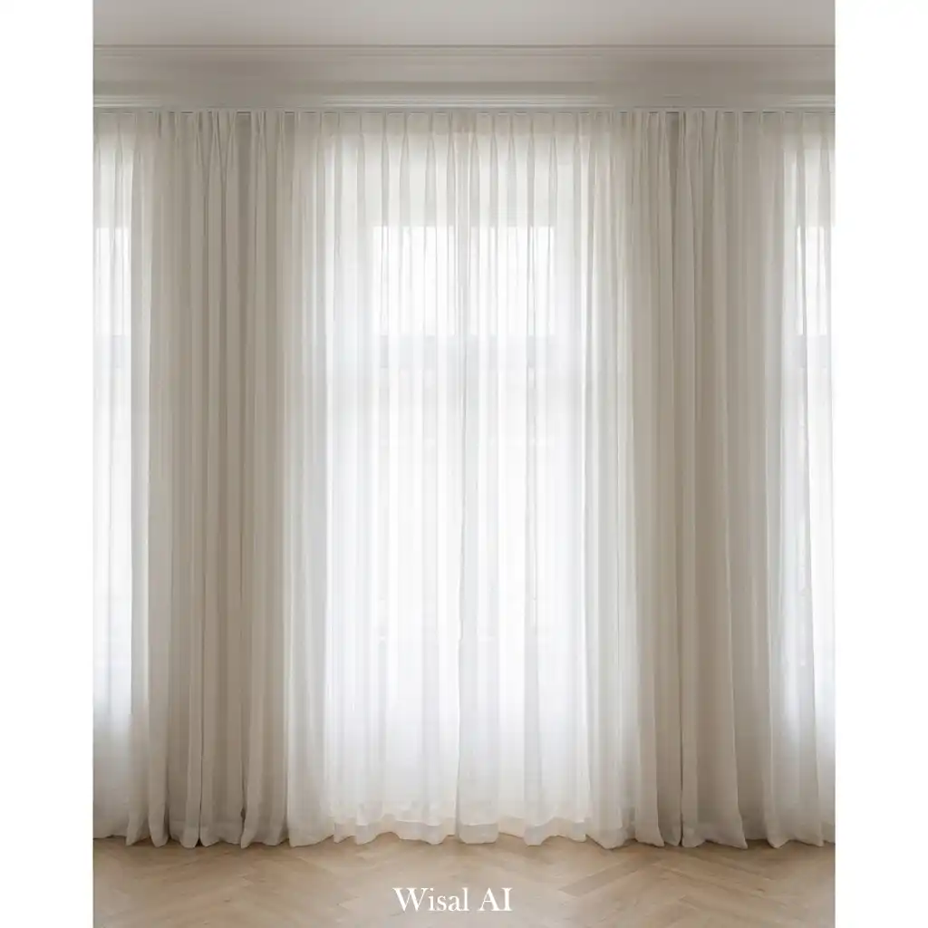 Luxury bedroom with floor-to-ceiling curtains and soft natural light