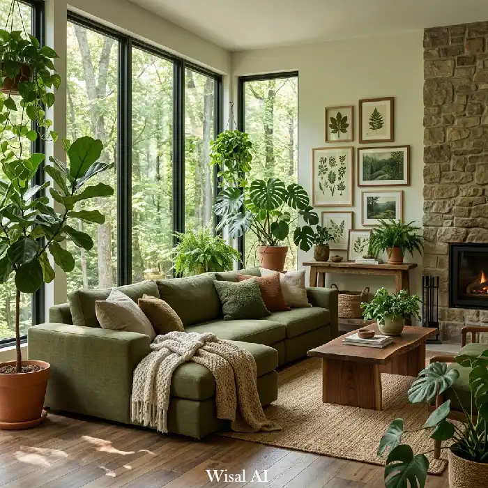 Forest-inspired olive green living room with indoor plants, organic textures, and natural materials