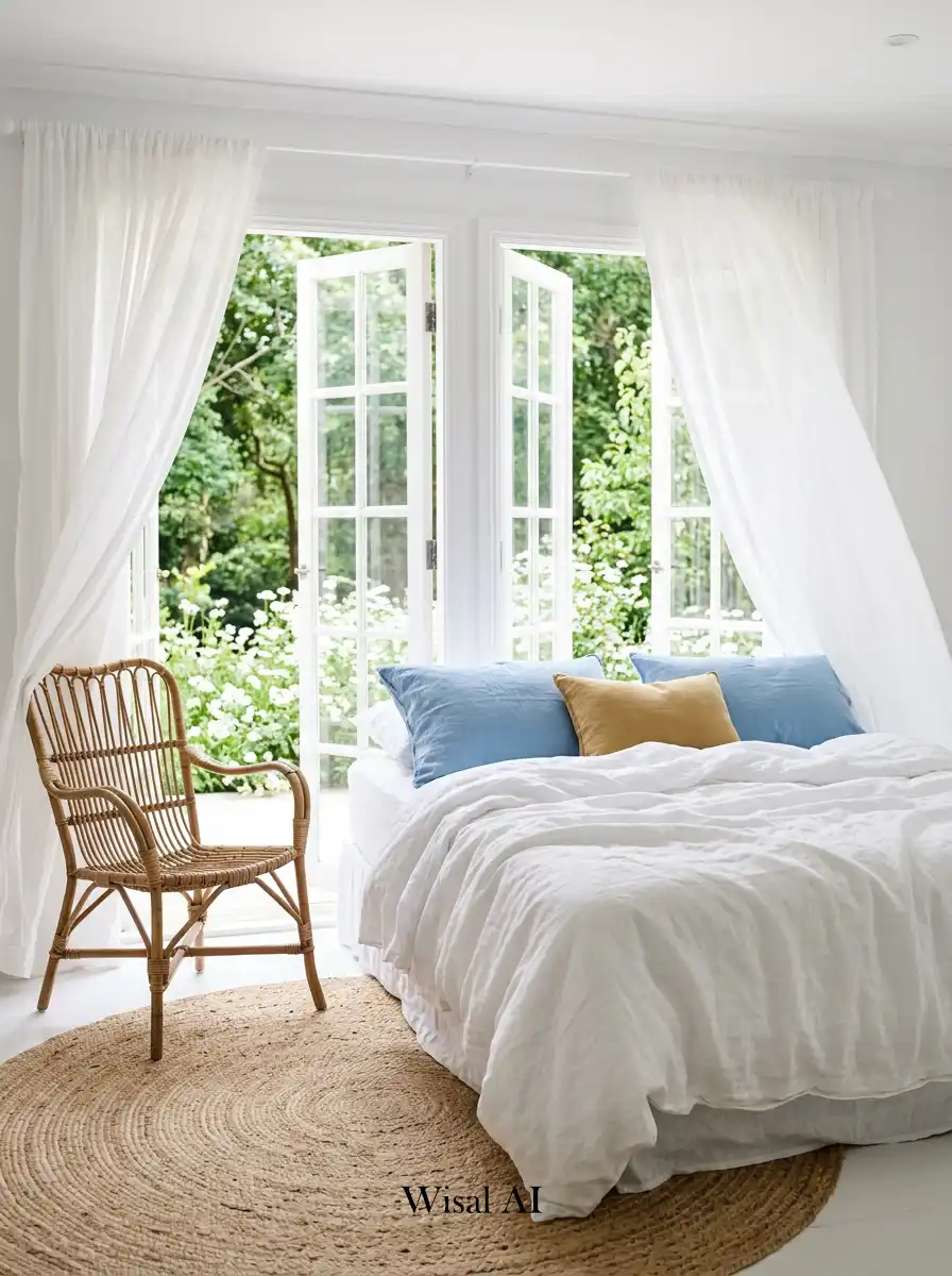 9. Garden Breeze: Fresh Coastal Cottage Bedroom with Woodland Views