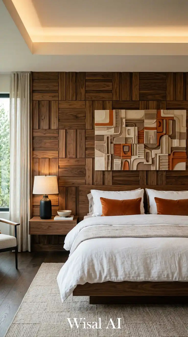 Geometric Wood Symphony in a Quiet Modern Bedroom