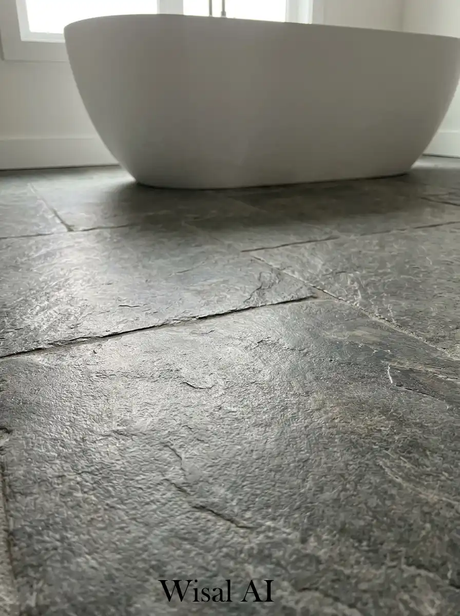 Grey stone bathroom with ocean blue calming accents