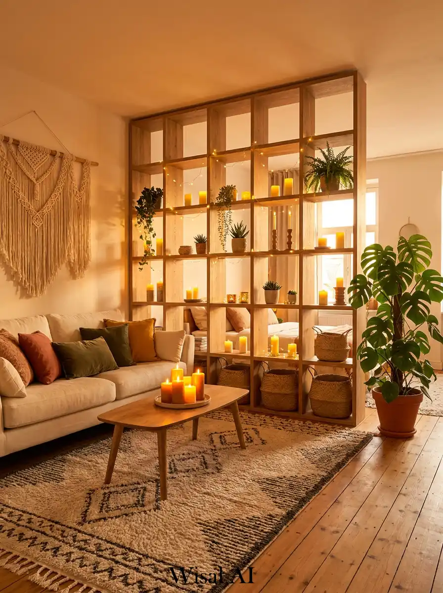 19. Grid & Glow: An Organized Boho Living Room Idea
