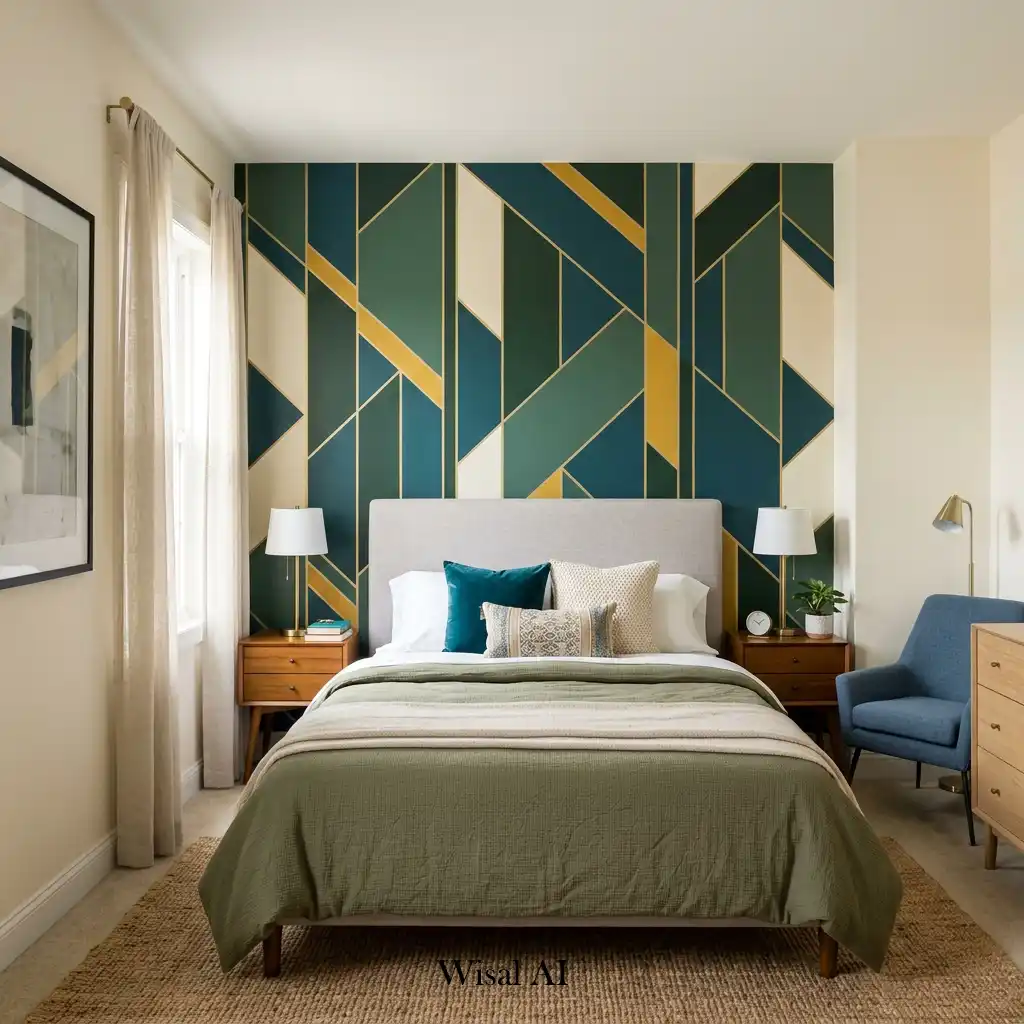 Guest bedroom with a stylish accent wall behind the bed.