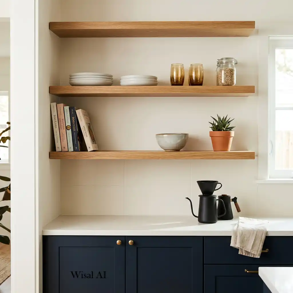 Contemporary kitchen with open wooden shelves displaying ceramic dishes, glassware, cookbooks, and decorative accents.