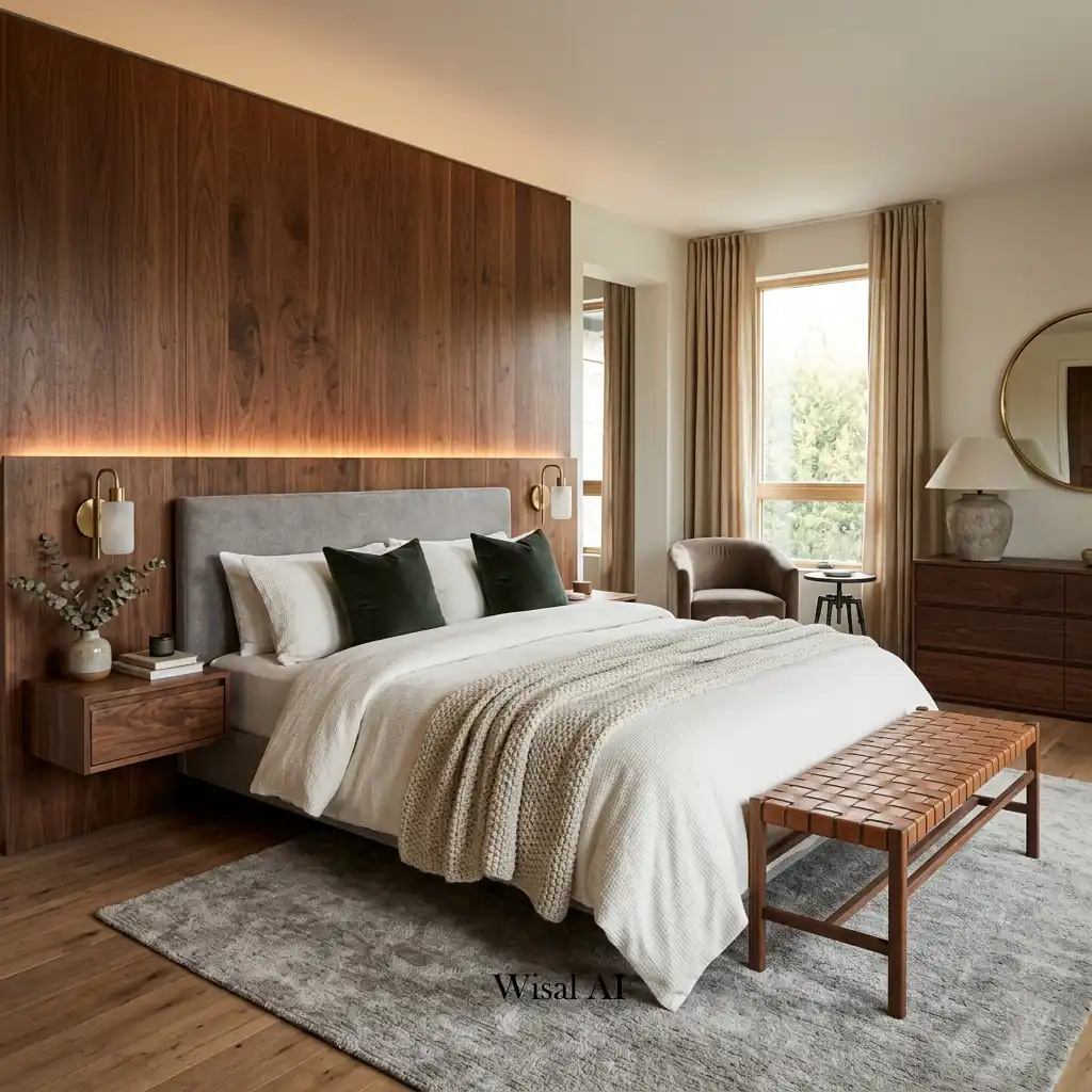 Contemporary bedroom with walnut furniture, natural wood accents, and cozy atmosphere.