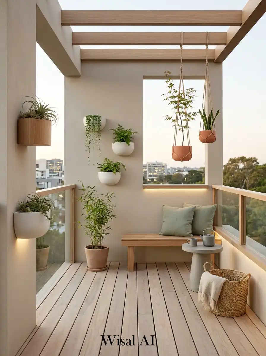 Minimal balcony with wall-mounted floating planters and soft greenery in a Japandi aesthetic.