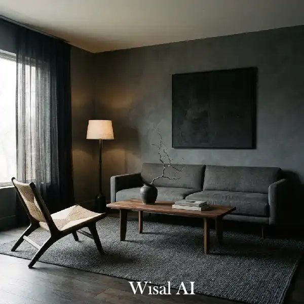 Elegant Japandi space with low furniture and dark palette