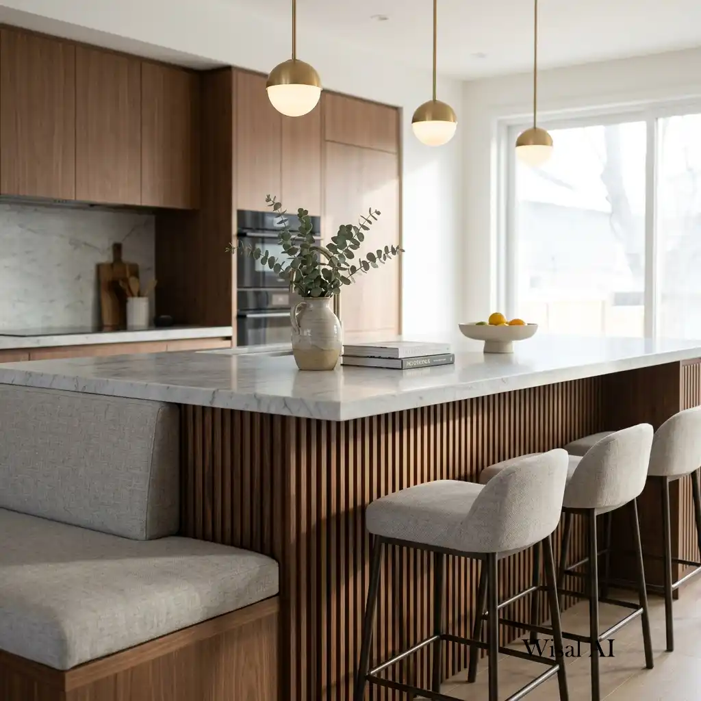 Fluted wood kitchen island with built-in seating and marble countertops.