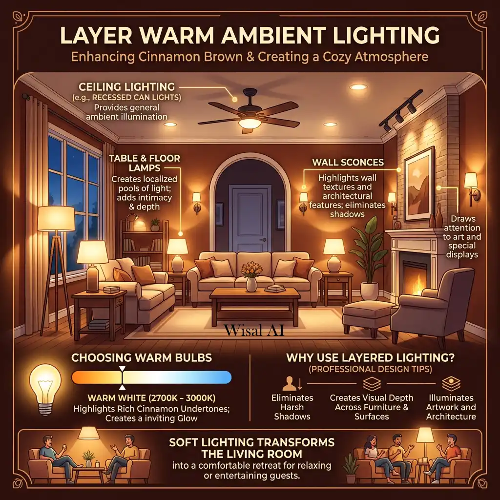 Cozy cinnamon brown living room with layered ambient lighting.