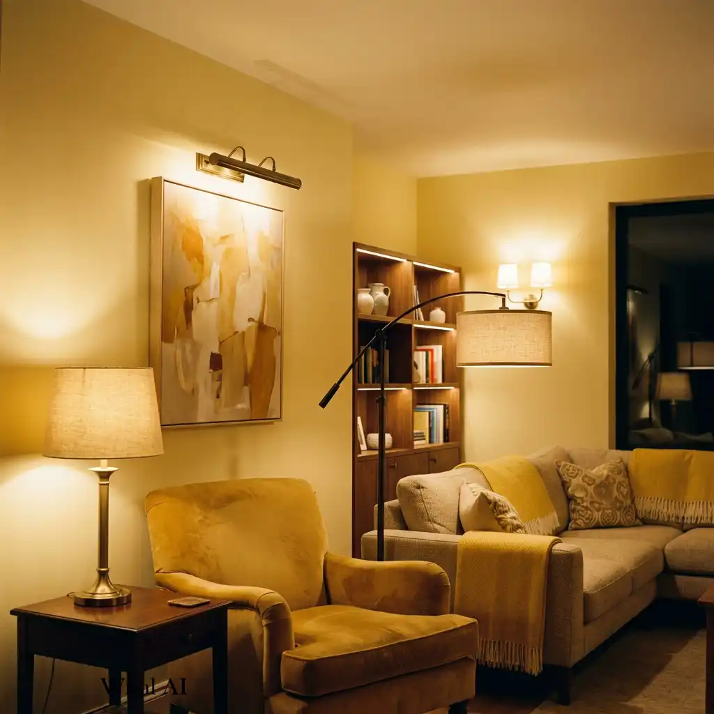 Warm butter yellow living room with layered ambient lighting.