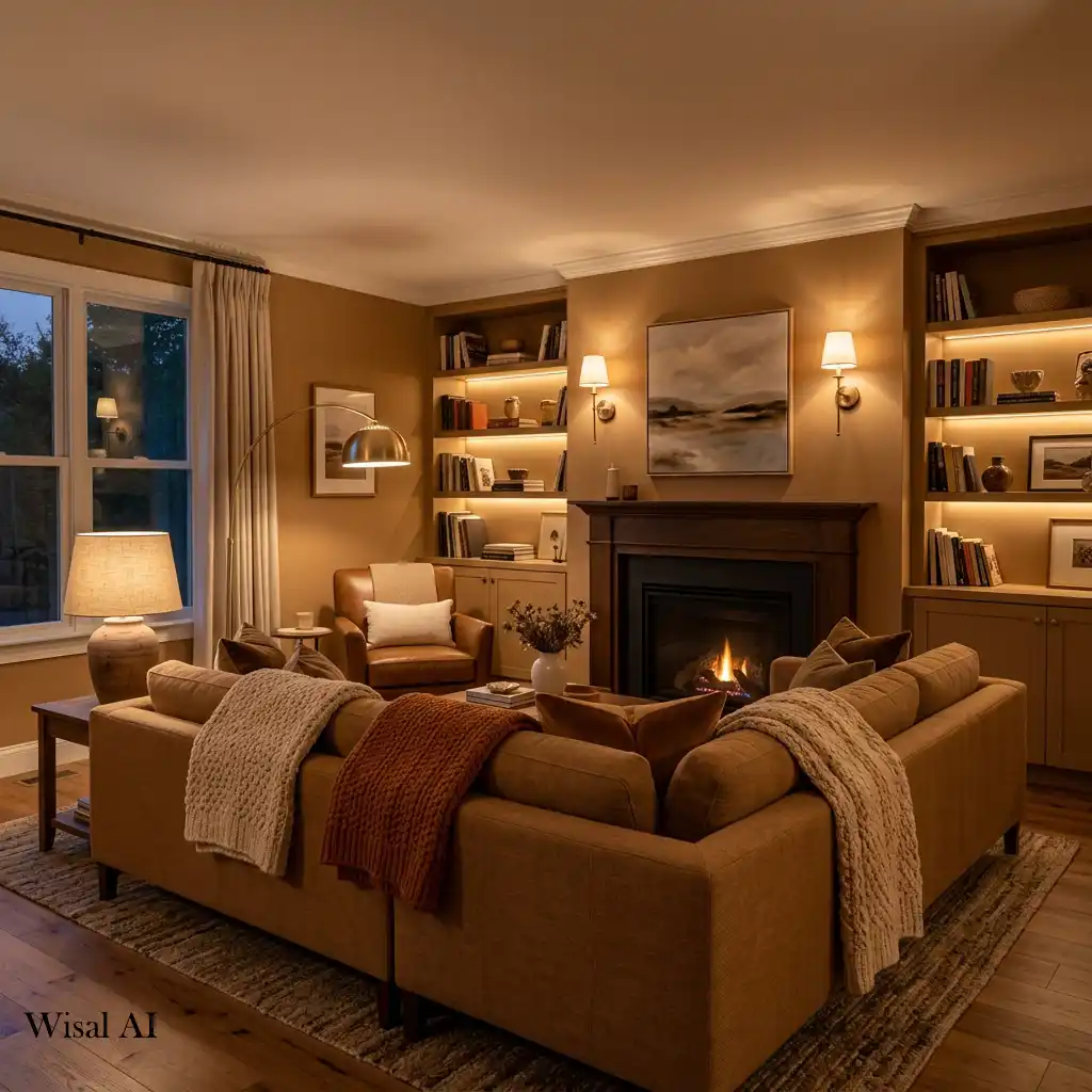 Cozy living room with layered ambient lighting and caramel furniture.