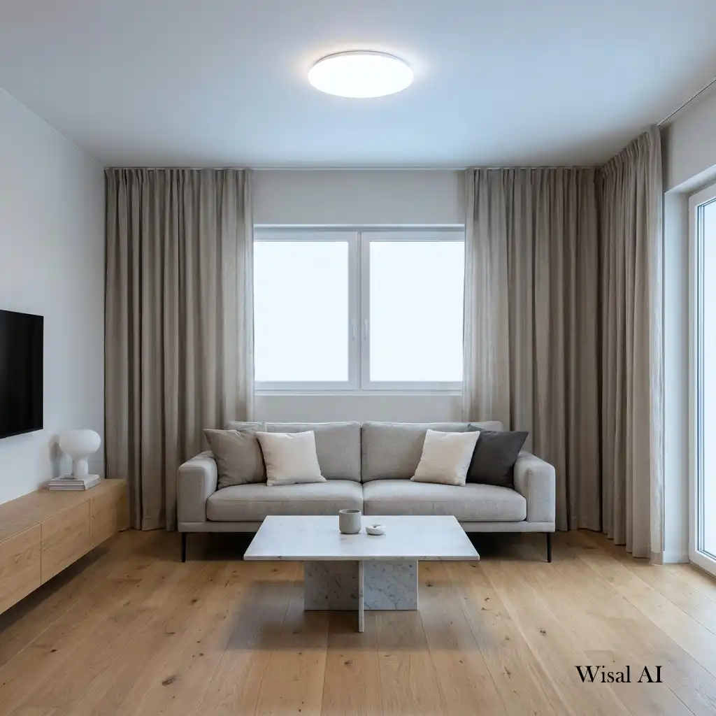 Quiet luxury living room with layered warm ambient lighting and designer lamps.