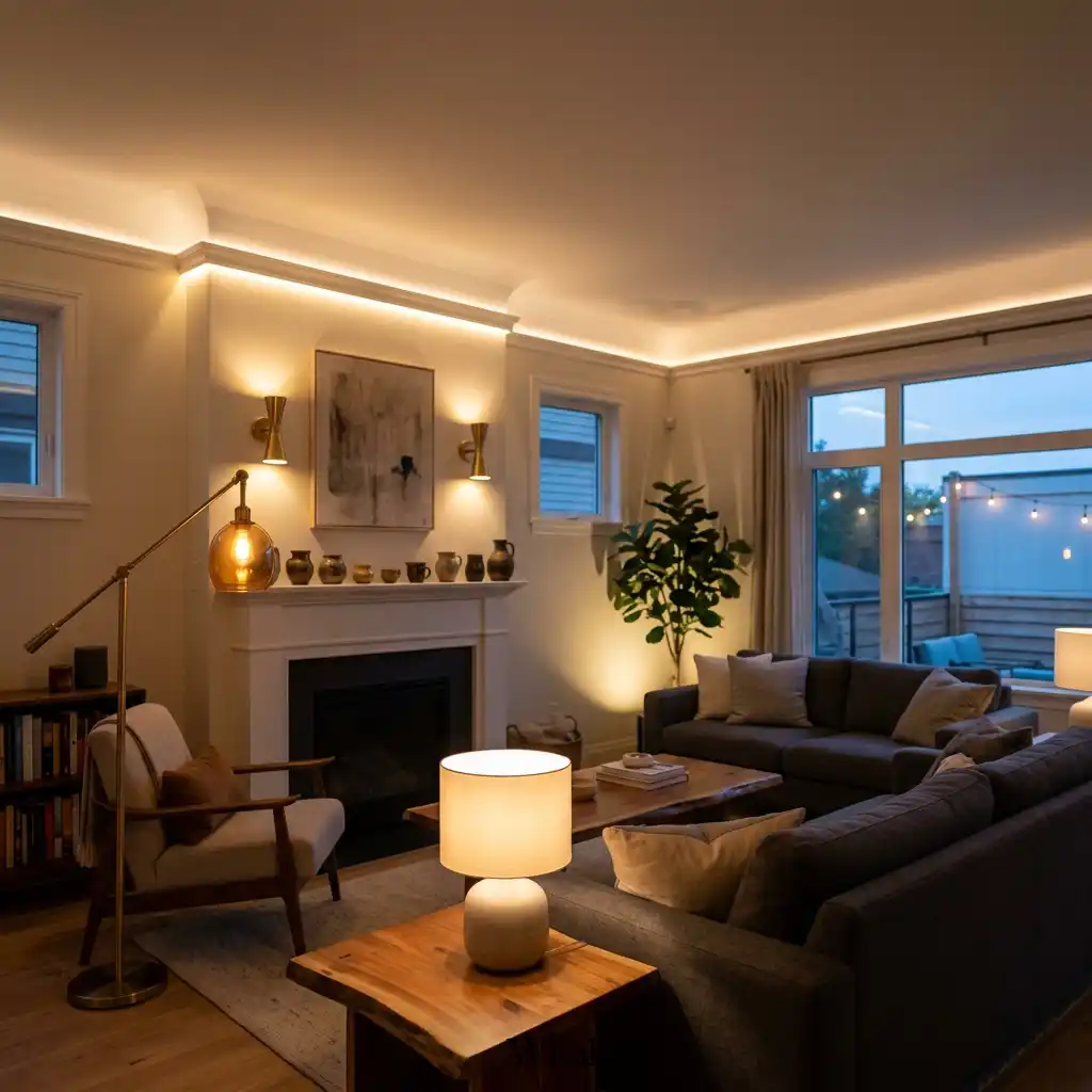 Layered ambient lighting in a cozy contemporary living room