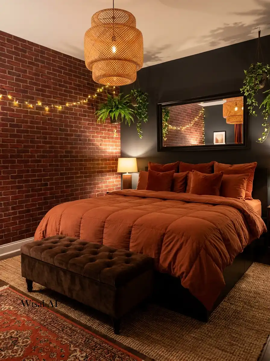 9. The Brick & Velvet Glow  Terracotta Bedroom Idea