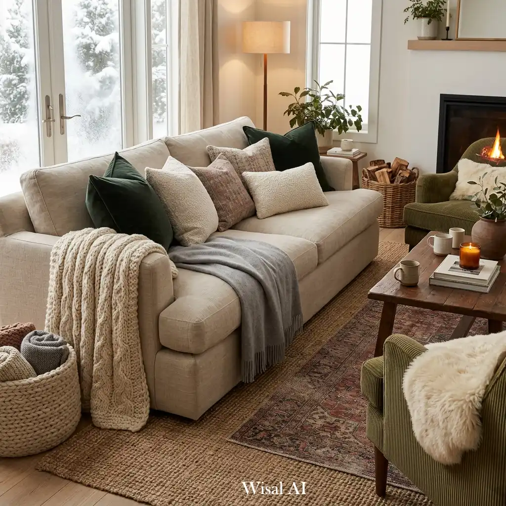 Cozy living room with layered textiles, blankets, and decorative pillows.