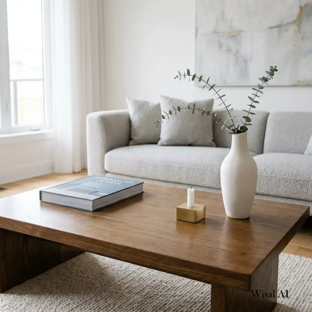 Minimalist luxury coffee table with curated décor and generous negative space.