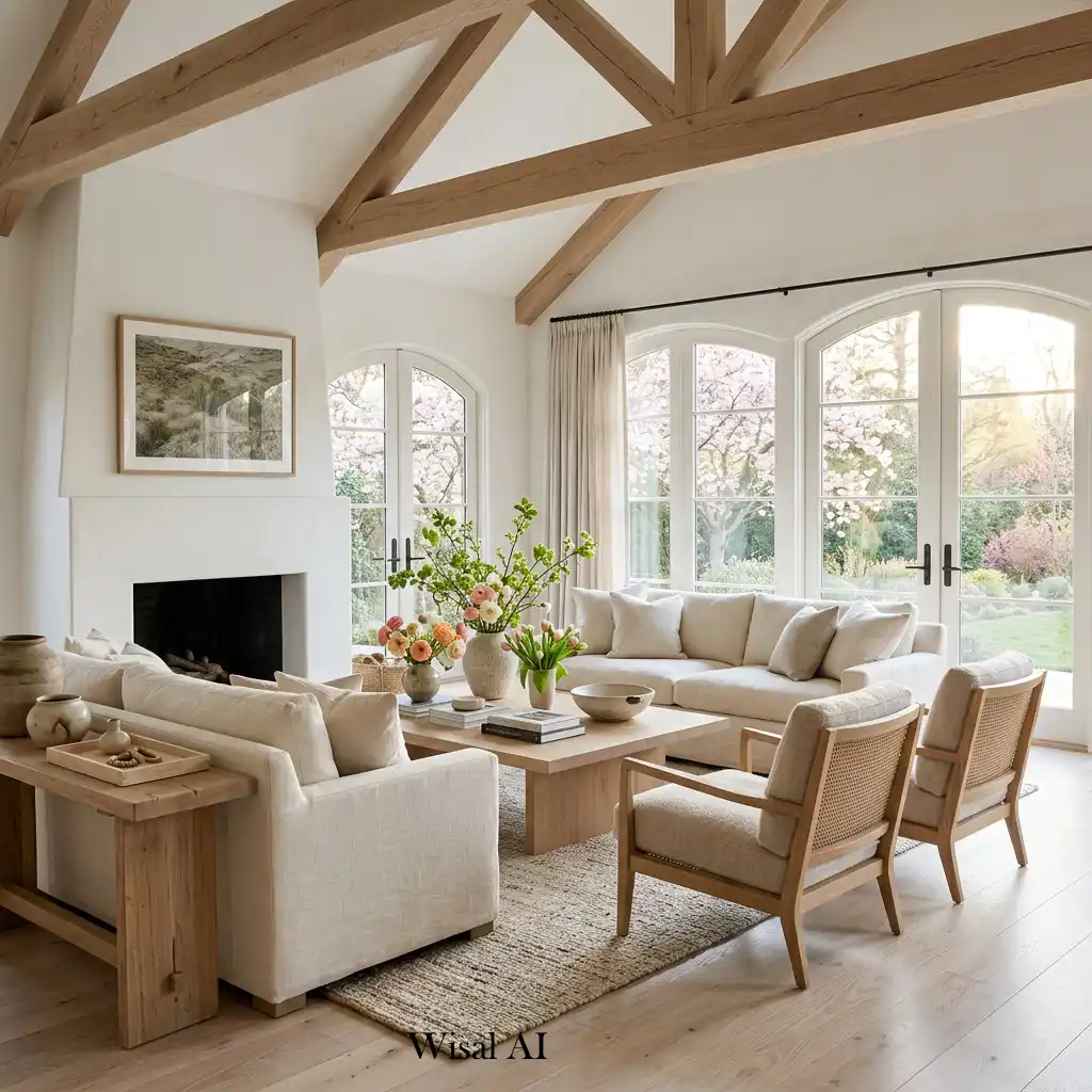 Natural wood furniture enhancing luxury spring atmosphere.