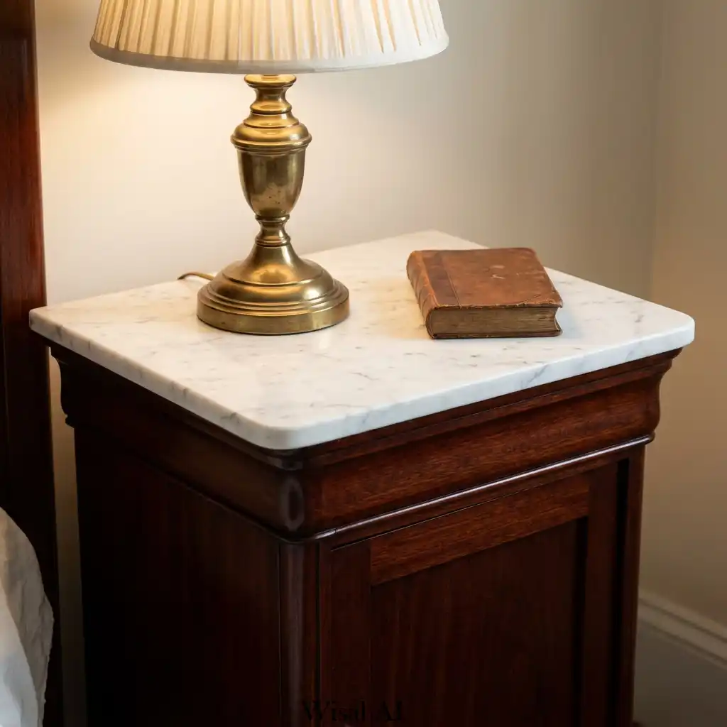 Marble topped nightstand beside classic wood bed