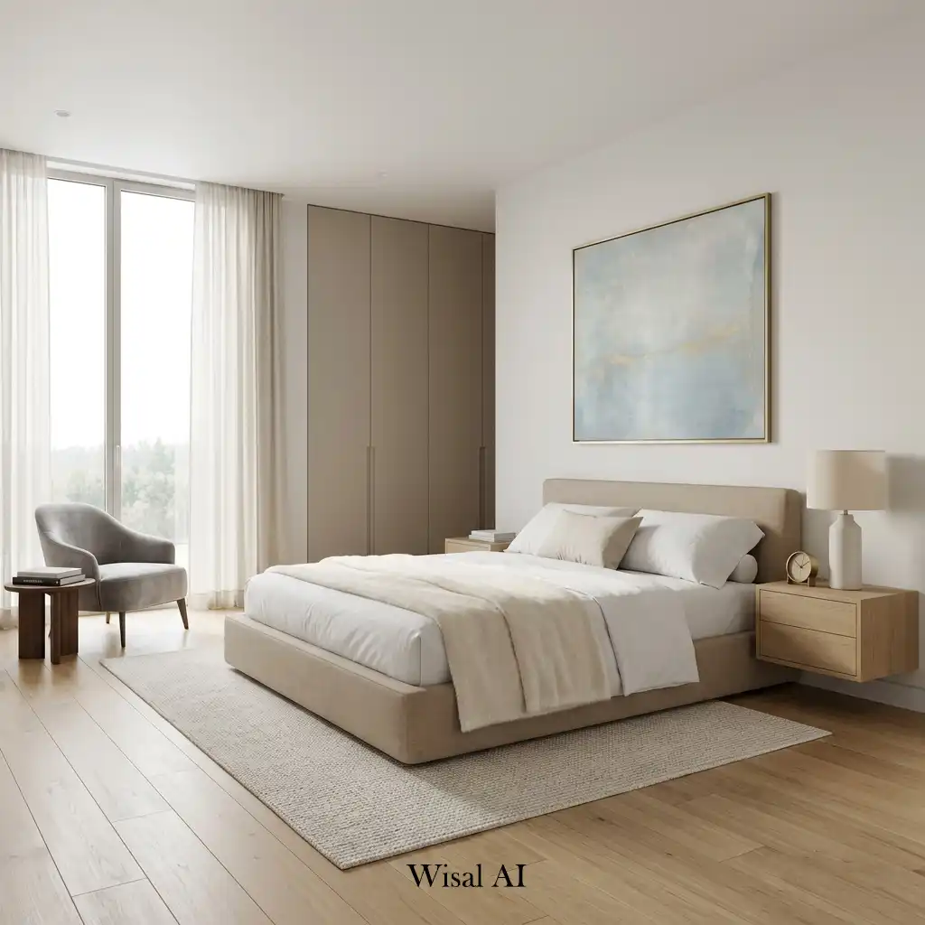 Minimal luxury master bedroom with clean lines and sophisticated styling