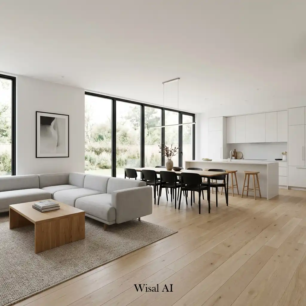 Minimalist open concept living room with clean lines and uncluttered design