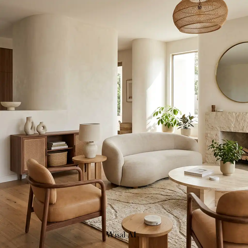 Curved living room furniture combined with natural oak, marble, and woven textures.