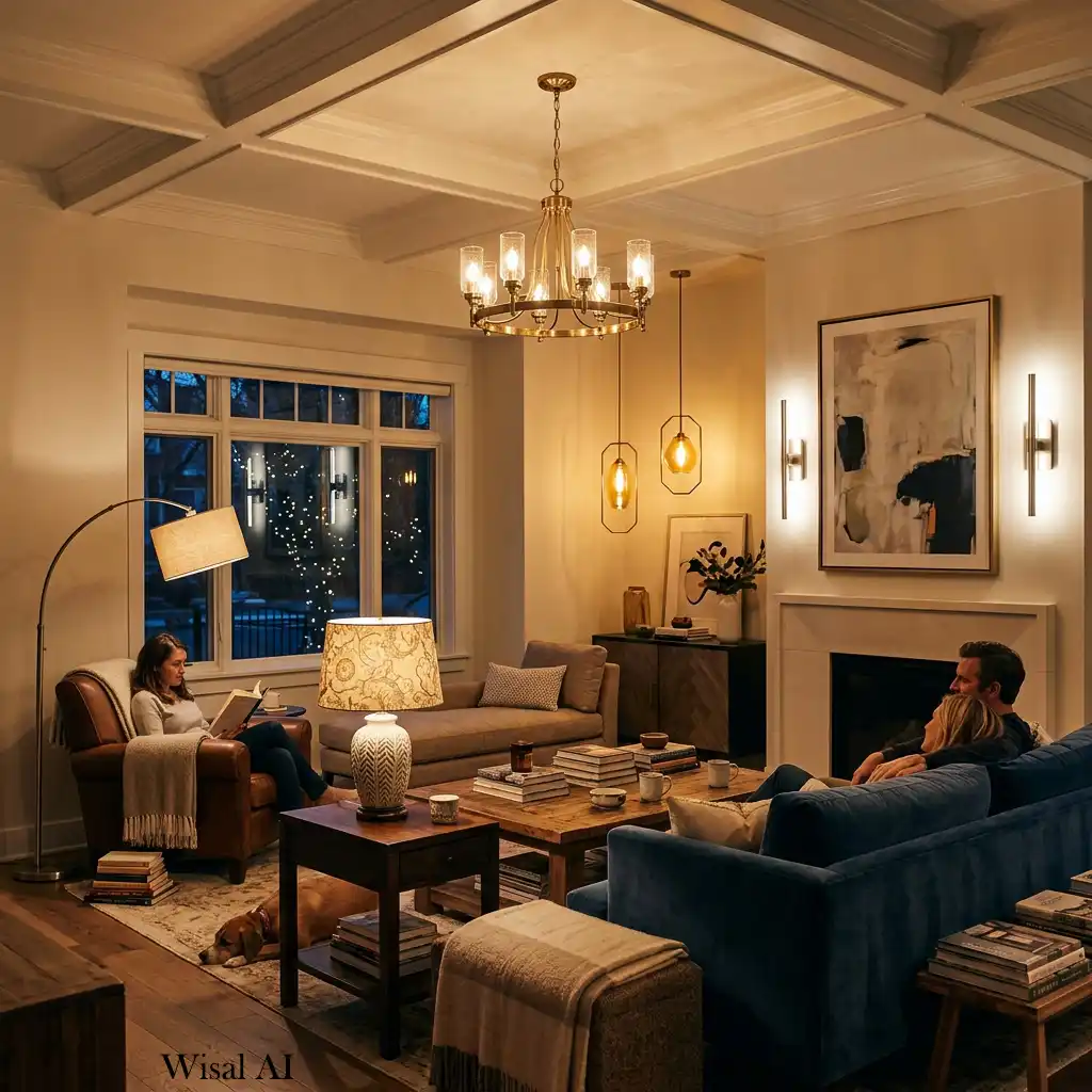 Luxury living room with table lamps, floor lamps, and layered lighting.