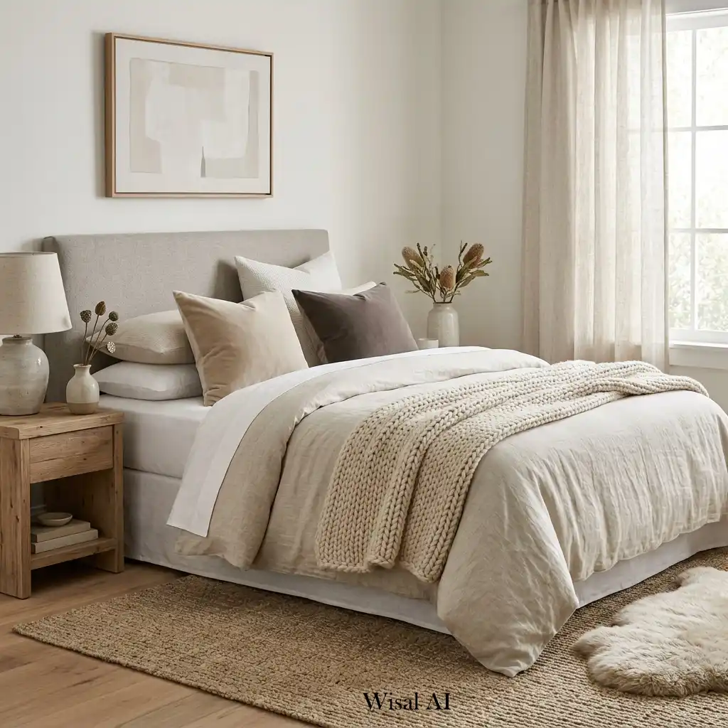 Sophisticated bedroom layered with linen, wool, velvet, wood, and woven textures for timeless appeal.