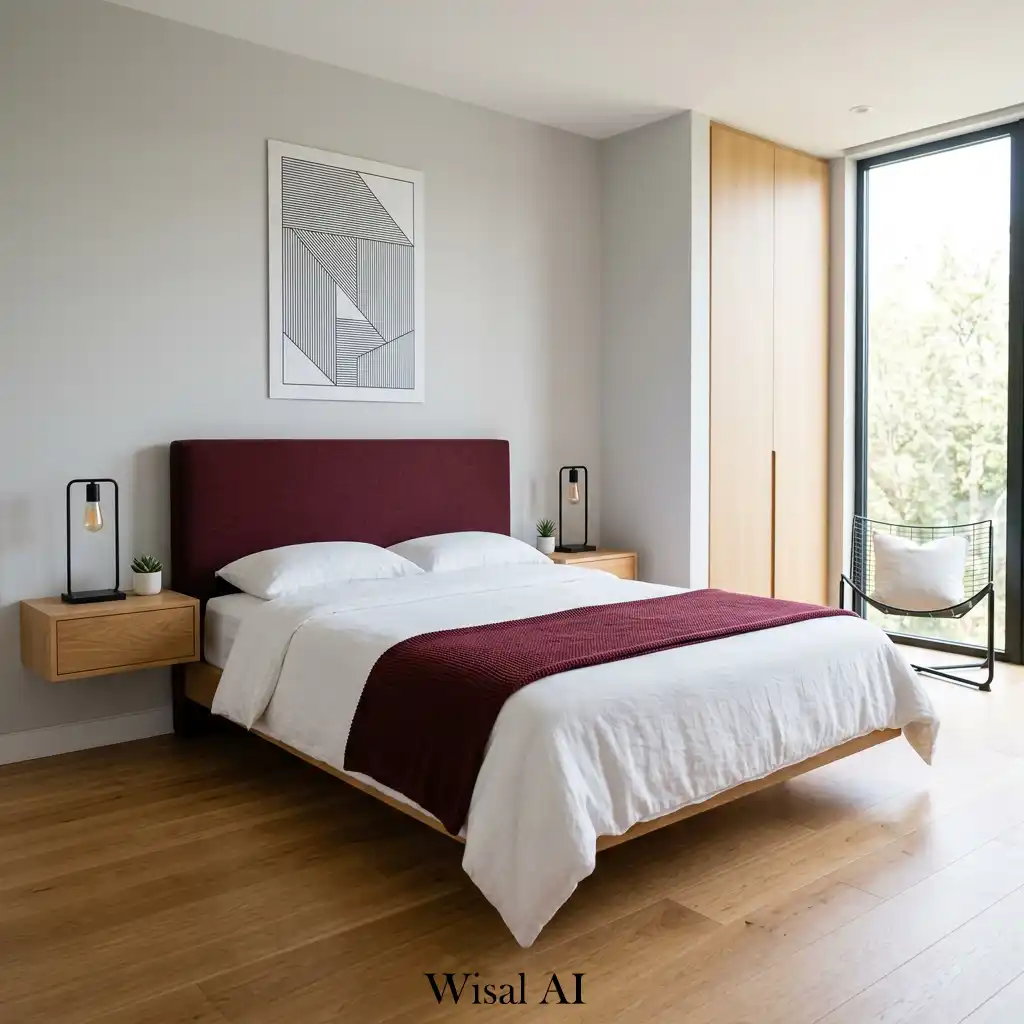 Minimalist burgundy bedroom with modern furniture and clean lines