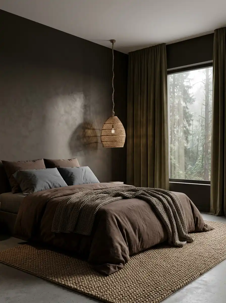 9. Monochromatic Earth: Dark Cozy Bedroom Design Aesthetic