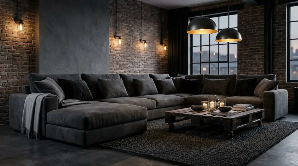 9. Monochromatic Suede Drama (A Sophisticated Moody Industrial Living Room Idea)