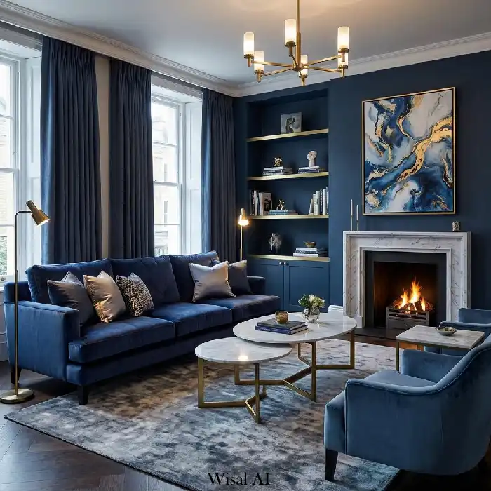 Mid-century modern living room with moody blue sofa and walnut furniture