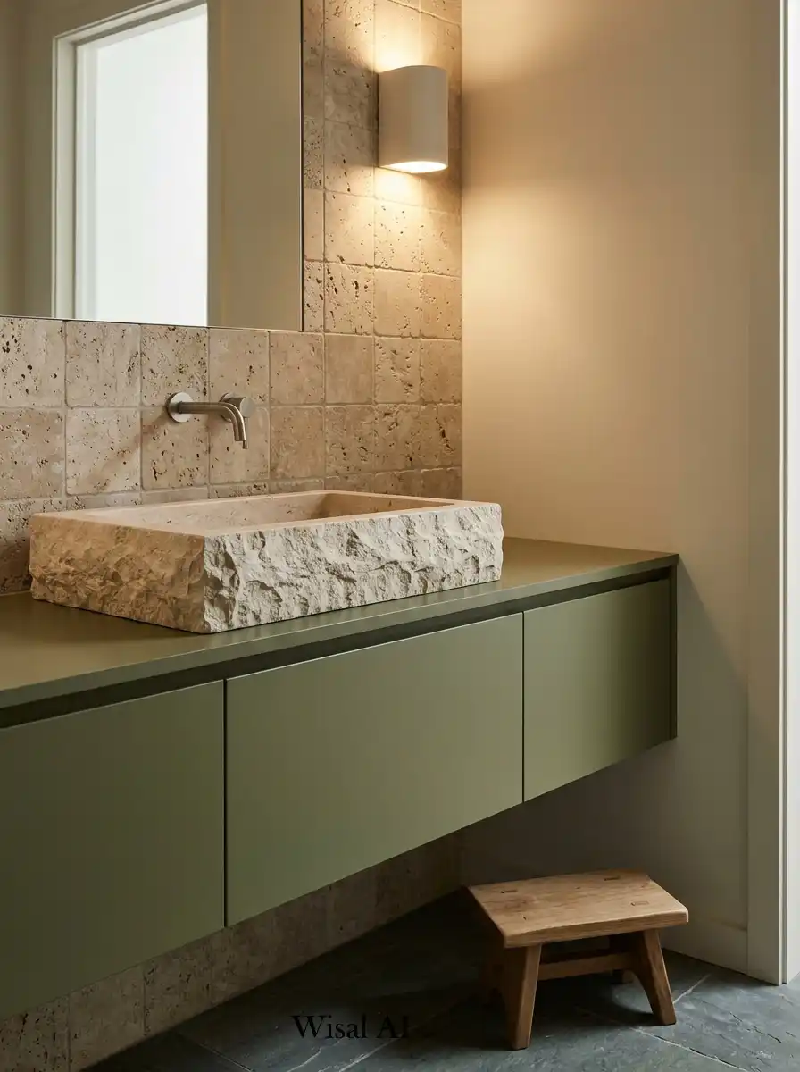 Spa-inspired bathroom with olive green accents textured natural stone and relaxing earthy interior atmosphere design.