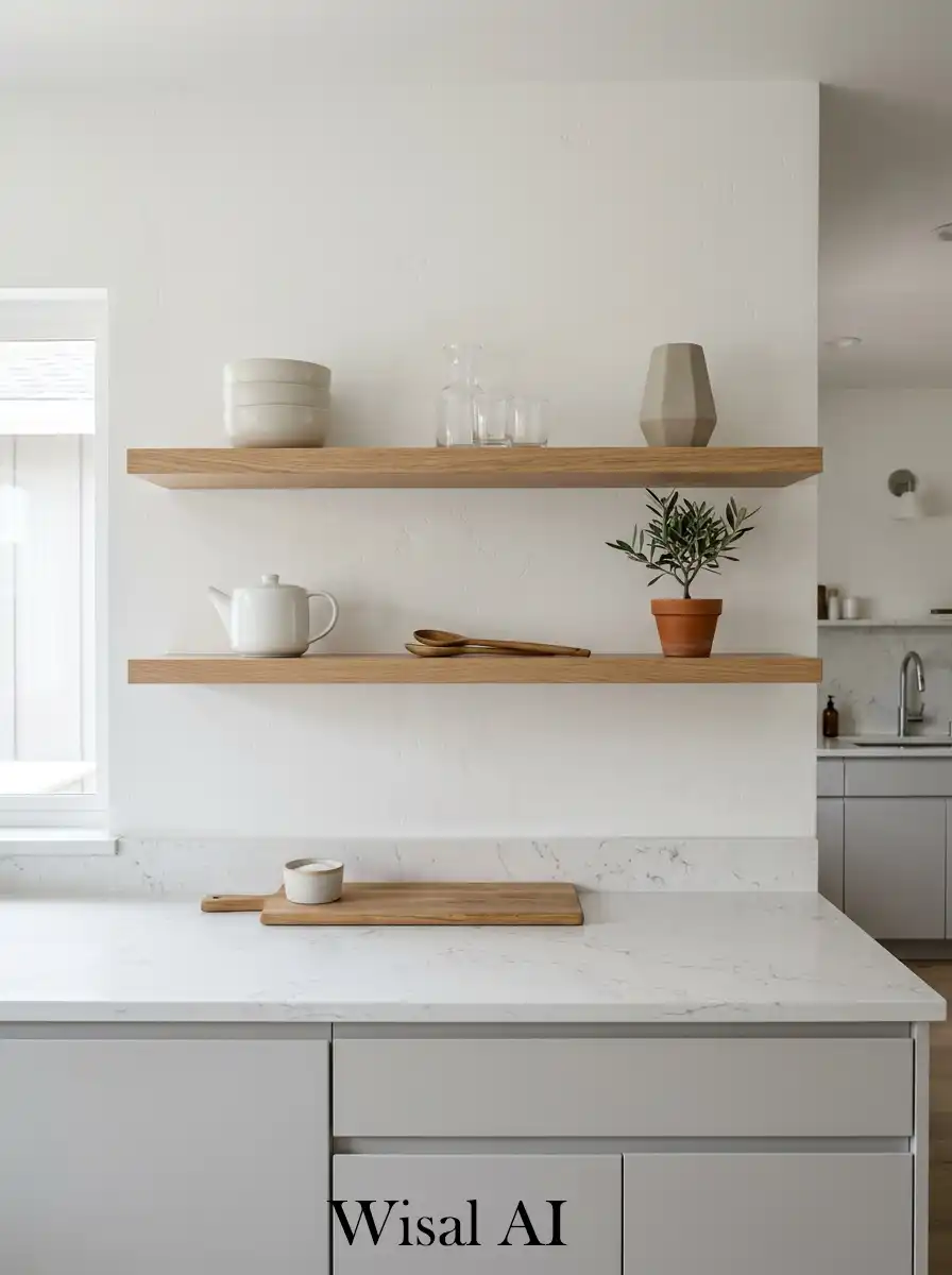 9. Minimal open shelving with curated kitchen items