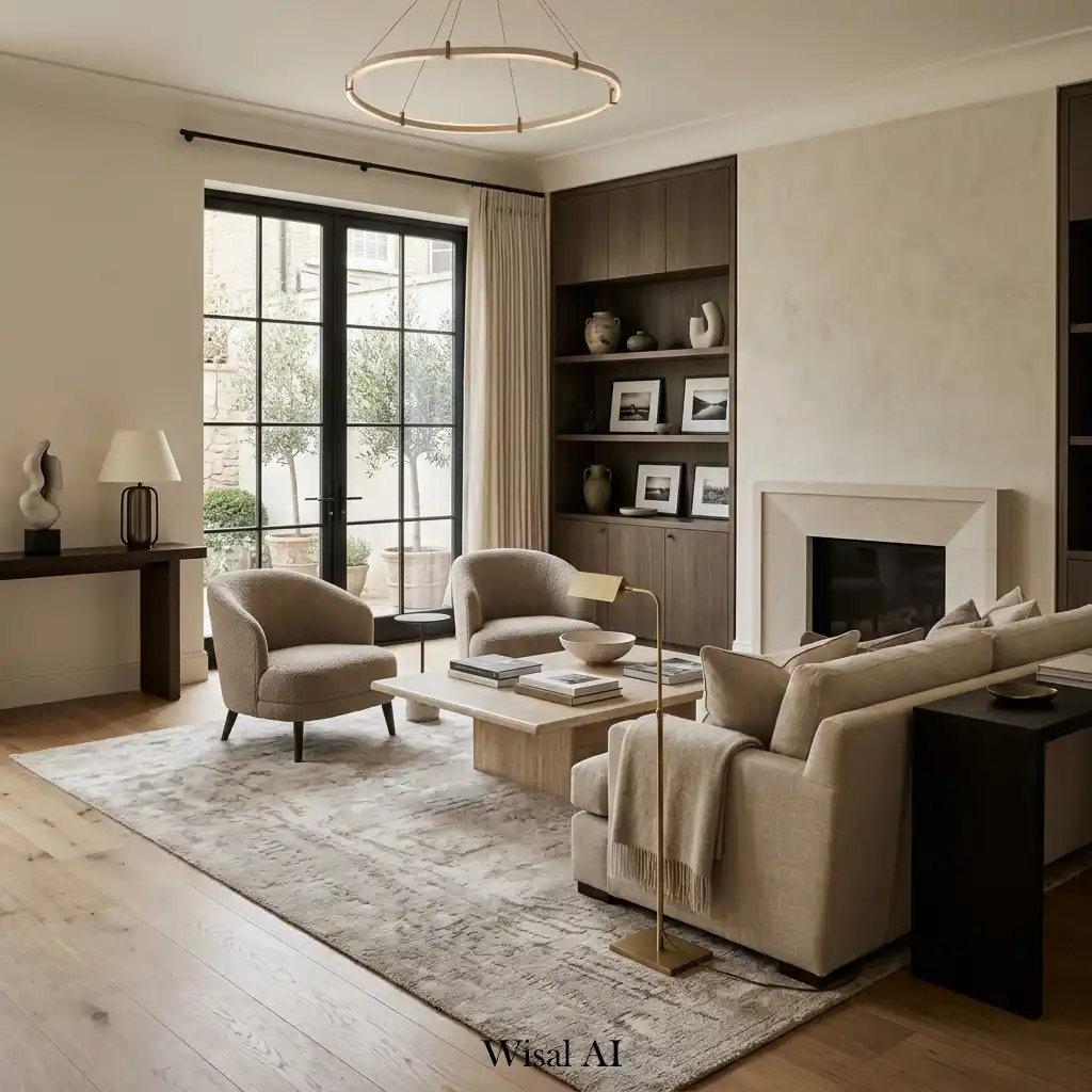 Quiet luxury living room with premium materials and understated elegance