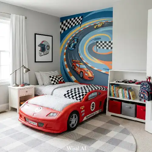 Race car kids bedroom with sporty design, bold accents, and dynamic wall graphics