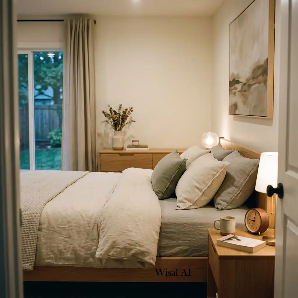 Peaceful bedroom designed with minimal technology for improved relaxation and restful sleep.
